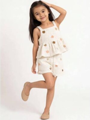 Girls' Crochet-Knitted Top and Shorts Set