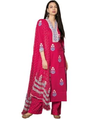 Women's Cotton Blend Straight Hand Block Printed Kurta with Pant & Dupatta