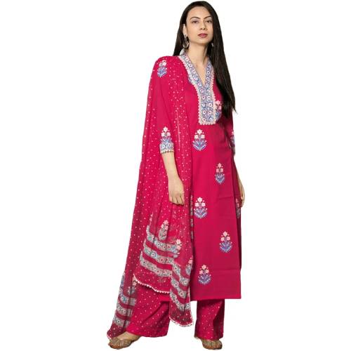 Women's Cotton Blend Straight Hand Block Printed Kurta with Pant & Dupatta