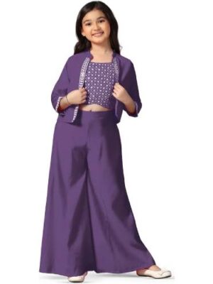 Girl's  Crop Top, Palazzo, and Jecket Indo Western Set