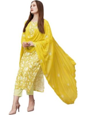 Women's Cotton Blend Printed Straight Kurta with Pant & Dupatta
