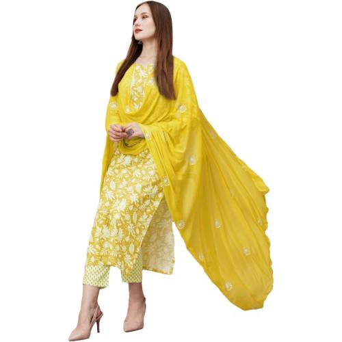 Women's Cotton Blend Printed Straight Kurta with Pant & Dupatta