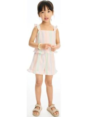 Beige Striped 2-piece frill-trimmed cotton set