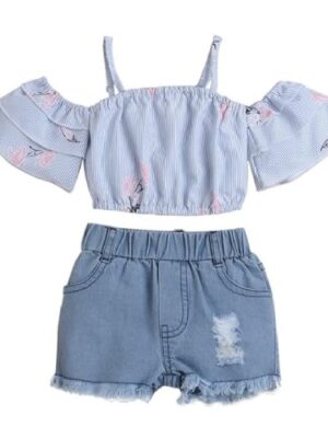 Girl's Cotton Printed Stripe Print Blouse And Shorts Set