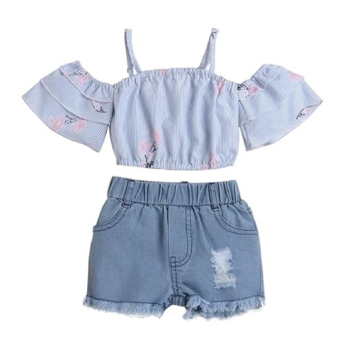 Girl's Cotton Printed Stripe Print Blouse And Shorts Set