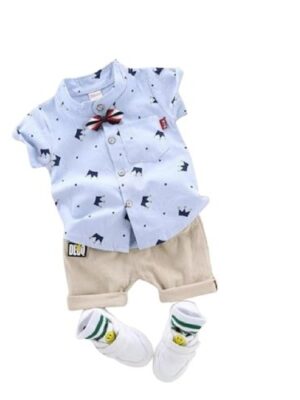 Short Sleeve Shirt and Side Pocket Elastic Waistband Closure Short Pant with Tie
