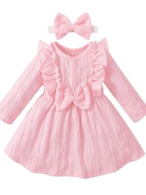 f1 Girls Polyester and Spandex Bow Applique Full-Sleeve Casual Dress