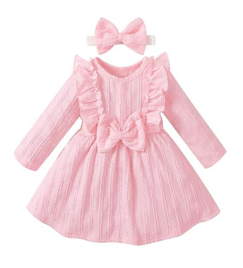 f1 Girls Polyester and Spandex Bow Applique Full-Sleeve Casual Dress