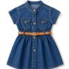 Girl’s Short Sleeve Front Open Stylish Cute Cotton Denim Dress Frock