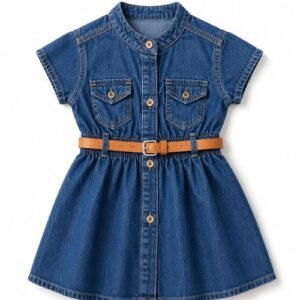 Girl’s Short Sleeve Front Open Stylish Cute Cotton Denim Dress Frock