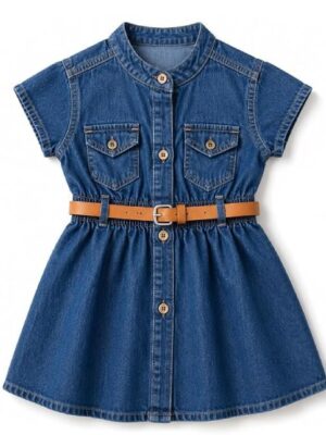 f10 Girl’s Short Sleeve Front Open Stylish Cute Cotton Denim Dress Frock
