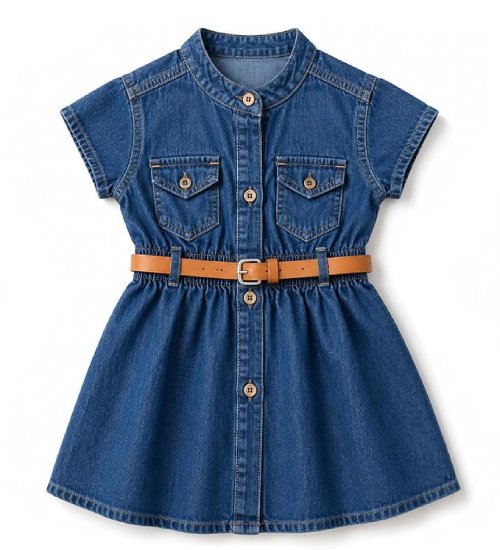 Girl’s Short Sleeve Front Open Stylish Cute Cotton Denim Dress Frock