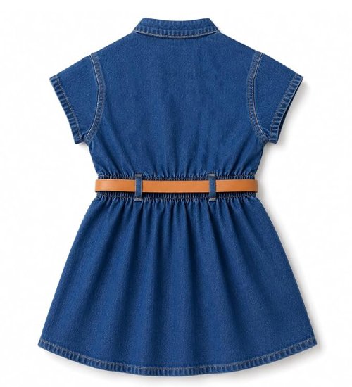 Girl’s Short Sleeve Front Open Stylish Cute Cotton Denim Dress Frock