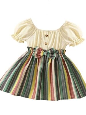 f4 Girls Striped Print Puff Sleeve Bow Front Dress