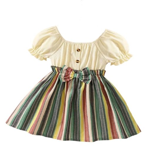 f4 Girls Striped Print Puff Sleeve Bow Front Dress