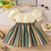 f44 Girls Striped Print Puff Sleeve Bow Front Dress