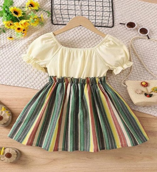 f44 Girls Striped Print Puff Sleeve Bow Front Dress