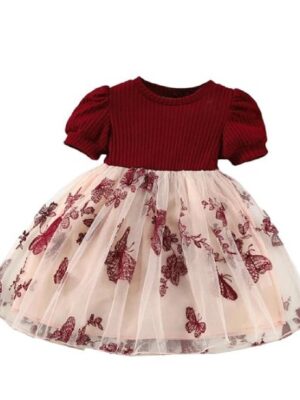 f6 Girls Embroidery Pattern Cap Sleeve A-line Knee-Length Dress