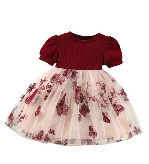 f6 Girls Embroidery Pattern Cap Sleeve A-line Knee-Length Dress