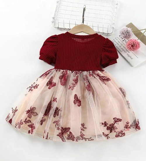 f66 Girls Embroidery Pattern Cap Sleeve A-line Knee-Length Dress